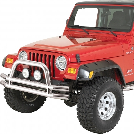Paraurti anteriore in inox Rugged Ridge Double Tube per Jeep CJ e Wrangler YJ e TJ dal 1976 al 2006